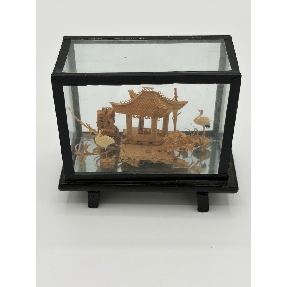 Vintage Chinese Cork Carving Diorama Glass Case Pagoda Crane Miniature Art